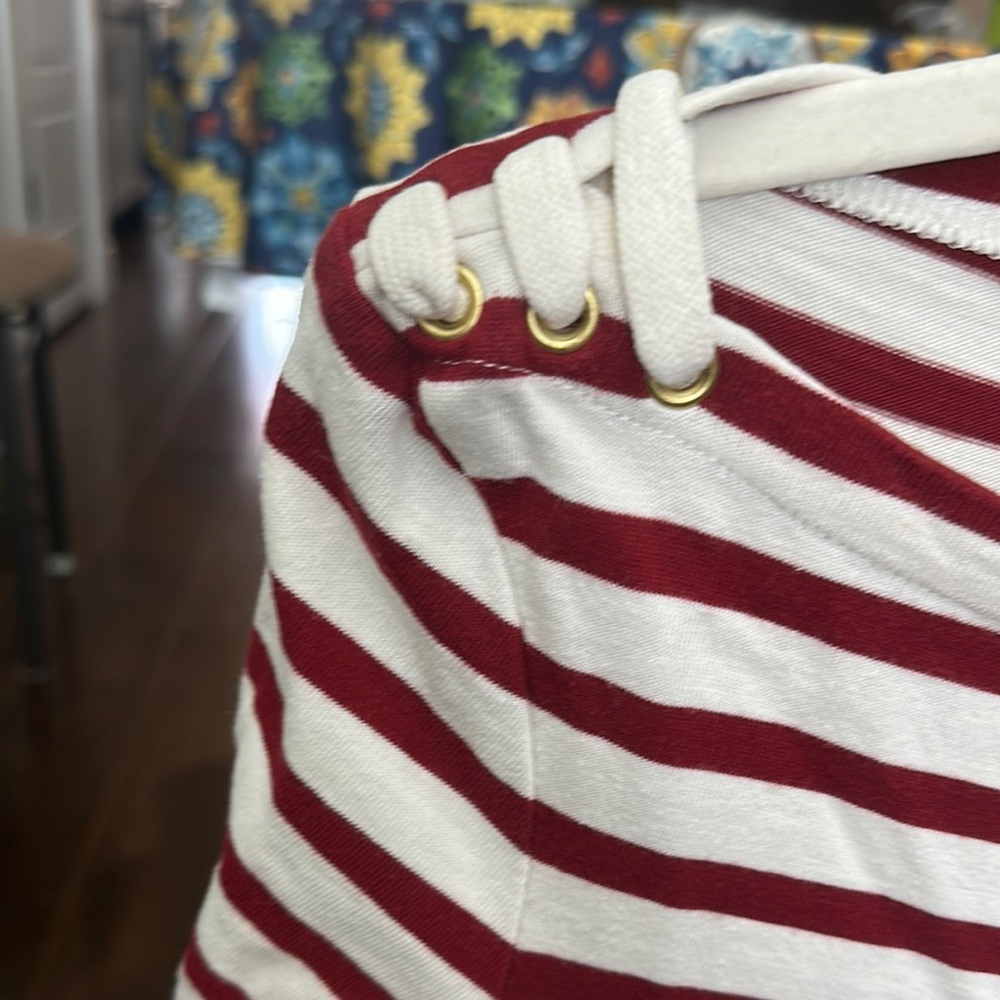 Veronica Beard Red Striped Cotton top with 3/4 Sleeves - Picture 3 of 5